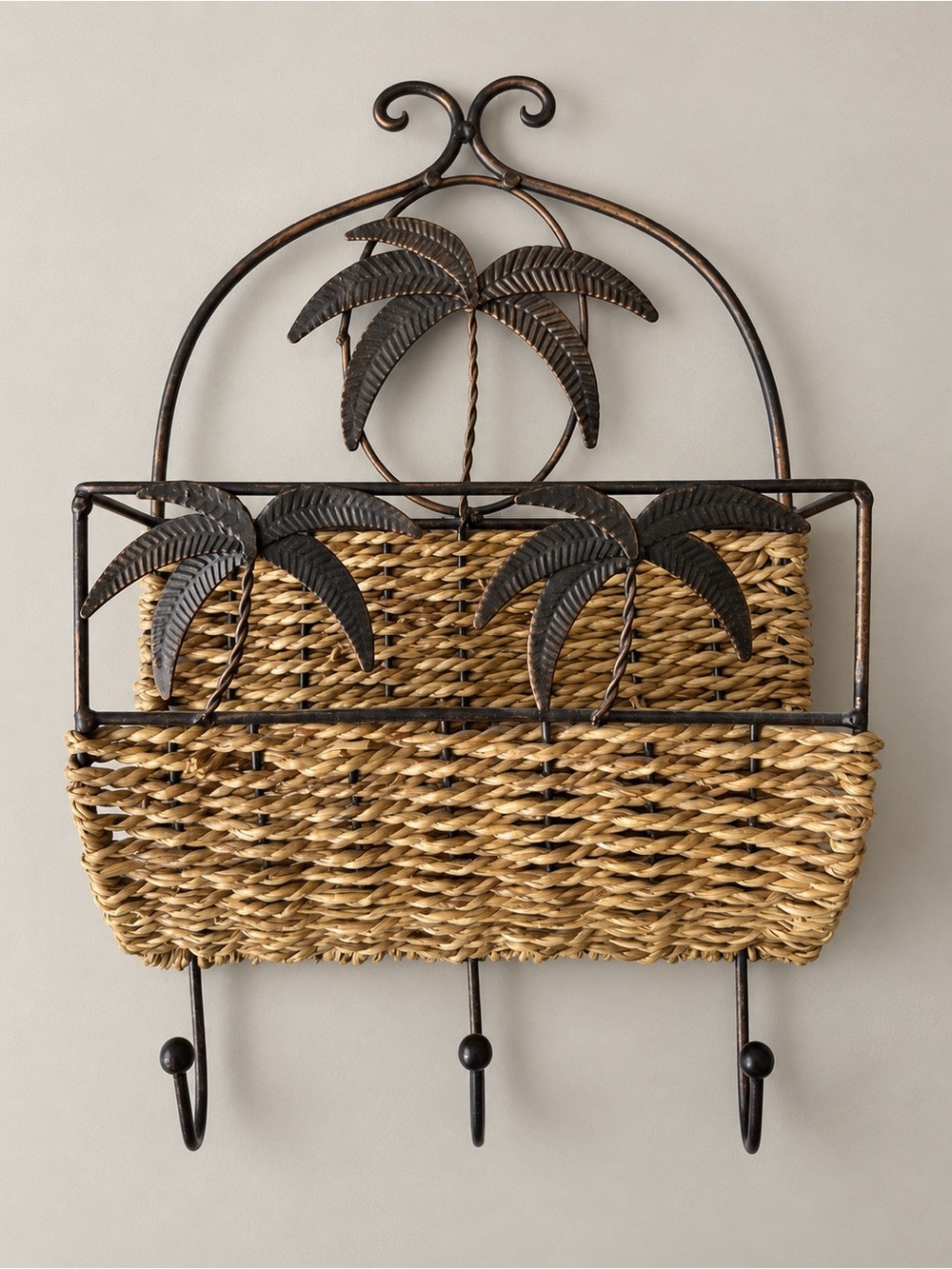 Palm Tree Woven Wall Mail Organizer with 3 Key Hooks Coastal Decor